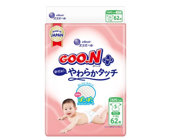 Подгузники GOO.N Plus 4-8 кг Розмір S, на ліпучках 62 шт (21001496)