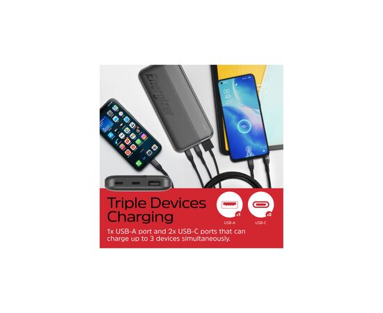 Батарея универсальная Energizer 10000mAh 15W, USB-А, 2*USB-C, Black (UE10050CC), изображение 6