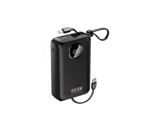 Батарея универсальная Dudao 20000mAh K14+ 22.5W, PD, QC, USB-A, USB-C(In/Out), with built-in USB-C/Lightning cables, Black (6977196680016)