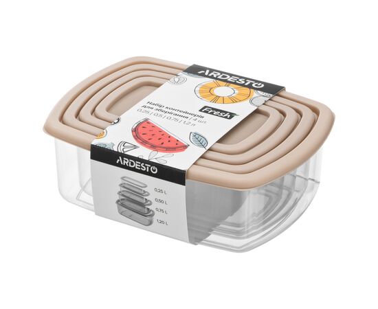 Пищевой контейнер Ardesto Fresh Набір 0.25/0.5/0.75/1.2л, пластик, прямокутна, бежевий (AR1312B)