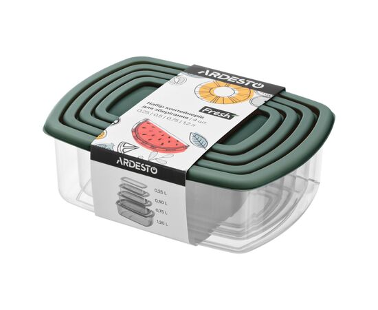 Пищевой контейнер Ardesto Fresh Набір 0.25/0.5/0.75/1.2л, пластик, прямокутна, зелений (AR1312G)