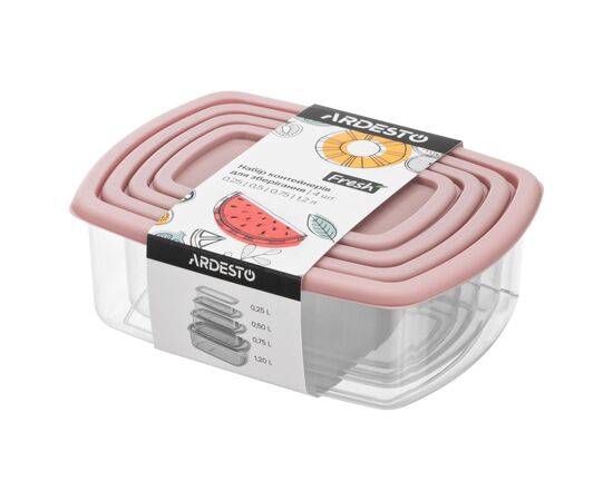 Пищевой контейнер Ardesto Fresh Набір 0.25/0.5/0.75/1.2л, пластик, прямокутна, рожевий (AR1312P)