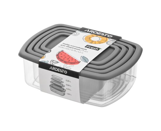 Пищевой контейнер Ardesto Fresh Набір 0.25/0.5/0.75/1.2л, пластик, прямокутна, сірий (AR1312R)