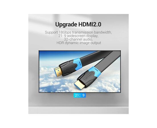 Кабель мультимедийный HDMI M to HDMI M 2.0m flat black Vention (AAKBH), изображение 3