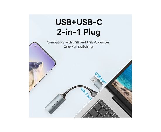 Переходник USB-C + USB-A to HDMI M 0.1m video capture gray Vention (ACWHA), изображение 2