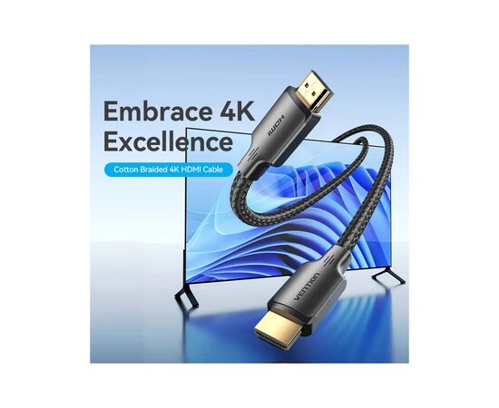 Кабель мультимедийный HDMI M to HDMI M 2.0m 4K cotton braided black Vention (ALLBH), изображение 2