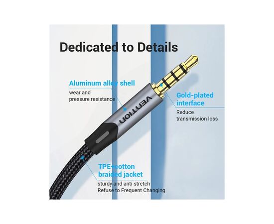 Кабель мультимедийный 3.5mm M to 3.5mm M 1.0m (4pin) gray Vention (BAQHF), изображение 3