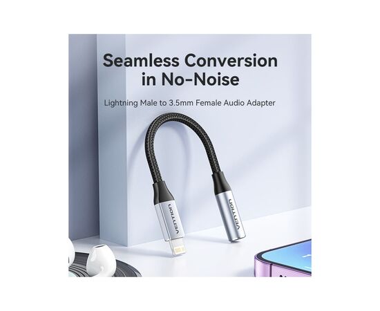 Переходник Lightning to 3.5mm 0.1m cotton braided aluminum gray Vention (BMBHA), изображение 4