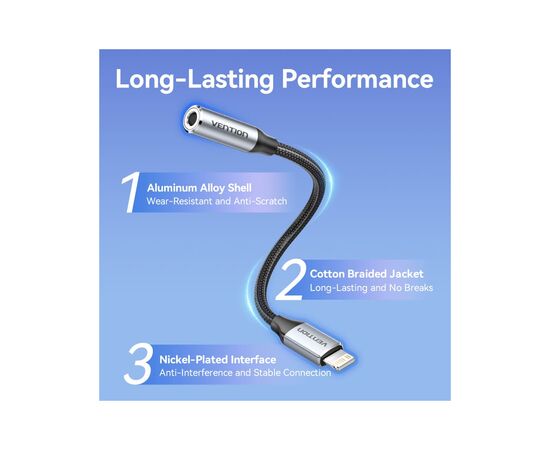 Переходник Lightning to 3.5mm 0.1m cotton braided aluminum gray Vention (BMBHA), изображение 5