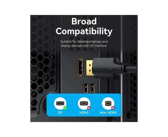 Кабель мультимедийный DisplayPort M to DisplayPort M 1.0m 4K black Vention (HAKBF), изображение 7
