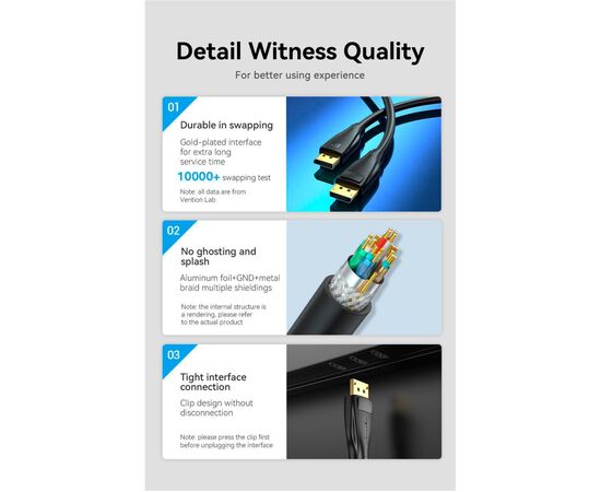 Кабель мультимедийный DisplayPort M to DisplayPort M 1.5m V1.4 8K black Vention (HCDBG), изображение 3