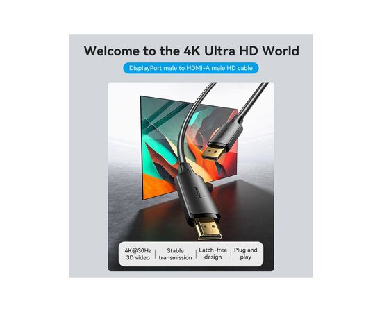 Кабель мультимедийный DisplayPort M to HDMI M 1.8m 4K black Vention (HFOBAC), изображение 2