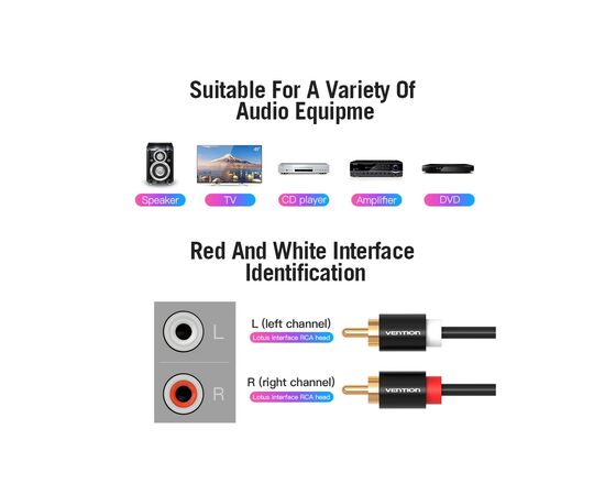 Кабель мультимедийный 2xRCA M to 2xRCA M 1.0m black Vention (VAB-R06-B100), изображение 6