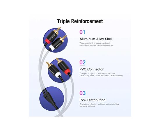 Кабель мультимедийный 2xRCA M to 2xRCA M 1.0m black Vention (VAB-R06-B100), изображение 7