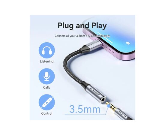 Переходник Lightning to 3.5mm 0.1m cotton braided aluminum gray Vention (BMBHA), изображение 11