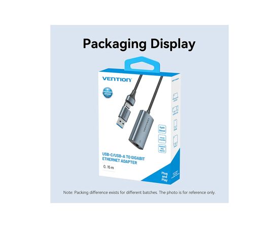 Перехідник USB-C + USB A to RJ45 Ethernet 1000Mbps 0.15m aluminum gray Vention (CFQHB), зображення 3