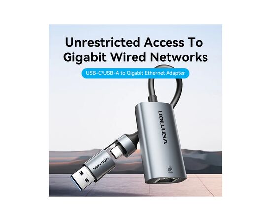 Перехідник USB-C + USB A to RJ45 Ethernet 1000Mbps 0.15m aluminum gray Vention (CFQHB), зображення 4