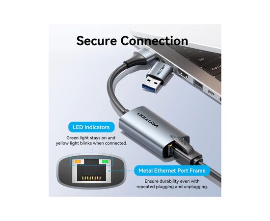 Перехідник USB-C + USB A to RJ45 Ethernet 1000Mbps 0.15m aluminum gray Vention (CFQHB), зображення 5