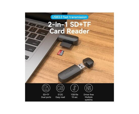 Зчитувач флеш-карт Vention USB 3.0 to SD+TF Black Dual Drive Letter (CLGB0), зображення 5