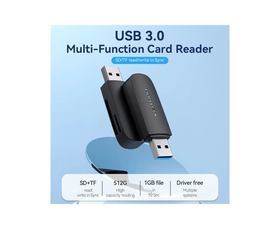 Зчитувач флеш-карт Vention USB 3.0 to SD+TF Black Dual Drive Letter (CLGB0), зображення 8