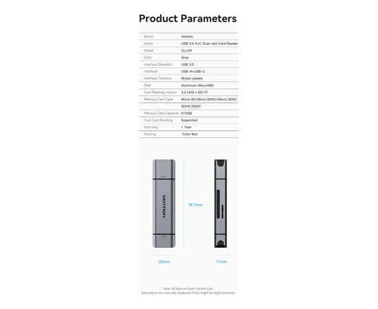 Зчитувач флеш-карт Vention USB 3.0 AM/USB-C to SD+TF Gray Dual Drive Letter Aluminum Alloy (CLLH0), зображення 4