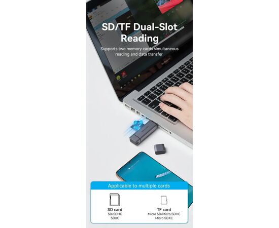 Зчитувач флеш-карт Vention USB 3.0 AM/USB-C to SD+TF Gray Dual Drive Letter Aluminum Alloy (CLLH0), зображення 6