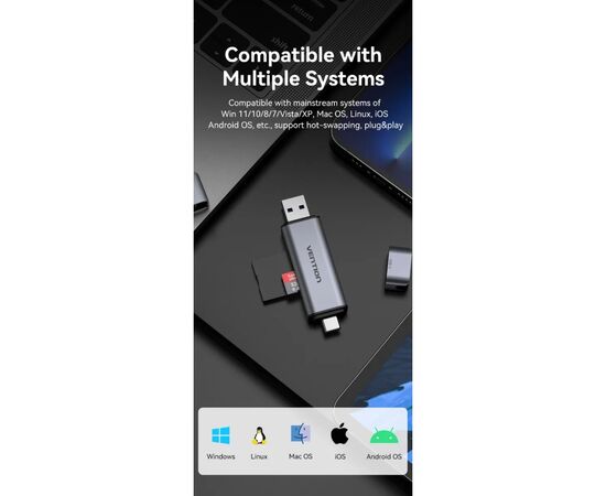 Зчитувач флеш-карт Vention USB 3.0 AM/USB-C to SD+TF Gray Dual Drive Letter Aluminum Alloy (CLLH0), зображення 8