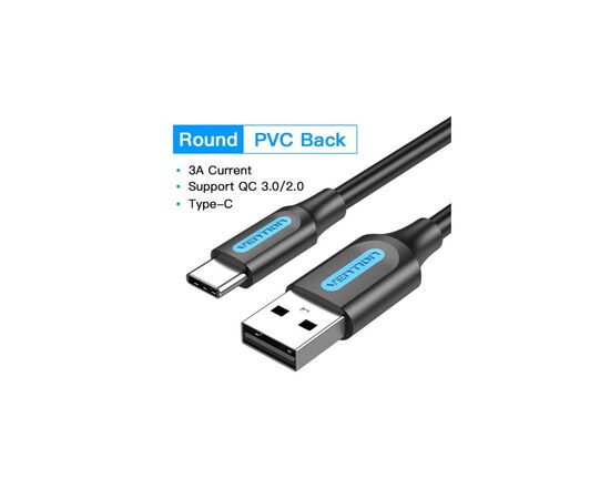 Дата кабель USB 2.0 AM to USB-C 1.0m 3A black Vention (COKBF), изображение 2