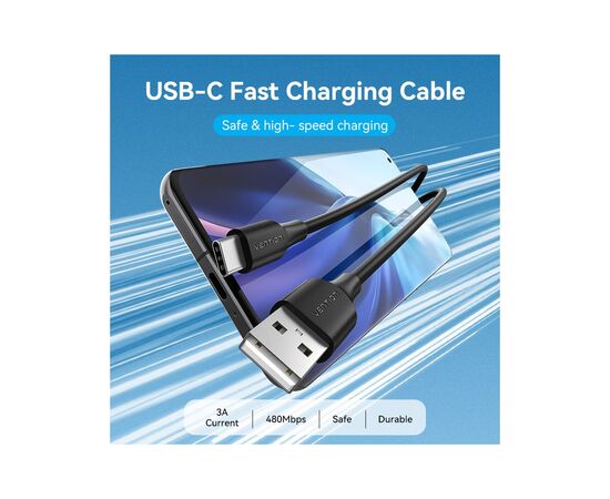 Дата кабель USB 2.0 AM to USB-C 1.0m 3A black Vention (CTHBF), изображение 2