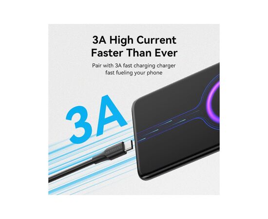 Дата кабель USB 2.0 AM to USB-C 1.0m 3A black Vention (CTHBF), изображение 3