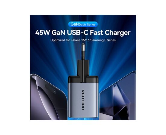 Зарядное устройство Vention 2xUSB-C PD45W GaN transparent gray (FCFH0-EU), изображение 2