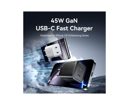 Зарядное устройство Vention 2xUSB-C PD45W GaN transparent white (FCFW0-EU), изображение 2