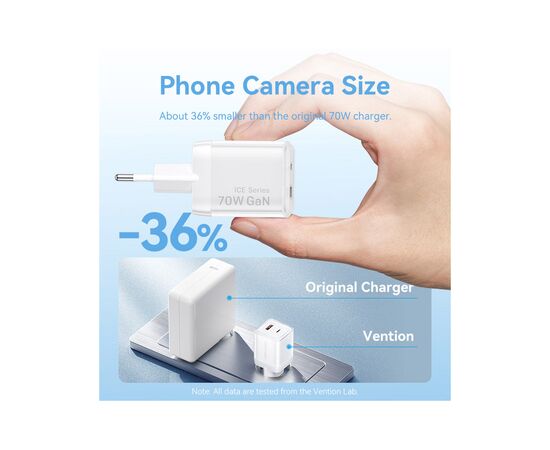 Зарядний пристрій Vention 1xUSB-C PD70W + 1xUSB QC3.0 22.5W GaN transparent gray (FCGH0-EU), зображення 5