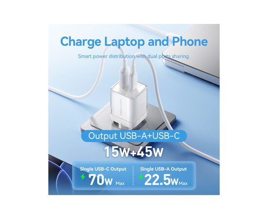 Зарядний пристрій Vention 1xUSB-C PD70W + 1xUSB QC3.0 22.5W GaN transparent gray (FCGH0-EU), зображення 8