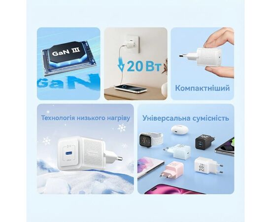 Зарядное устройство Vention USB-C PD20W GaN white (FEPW0-EU), изображение 3