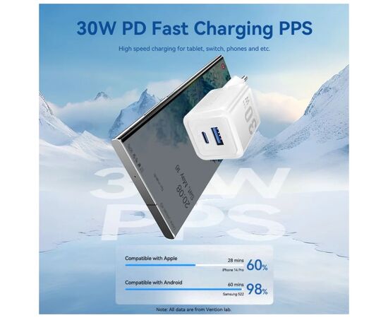 Зарядное устройство Vention 1xUSB-C PD30W + 1xUSB QC3.0 30W GaN black (FEQB0-EU), изображение 4