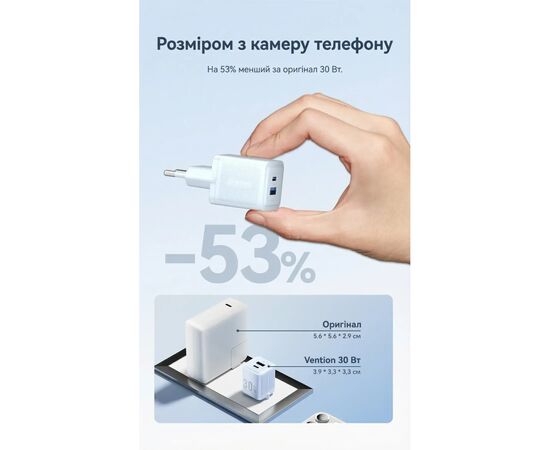 Зарядное устройство Vention 1xUSB-C PD30W + 1xUSB QC3.0 30W GaN white (FEQW0-EU), изображение 5