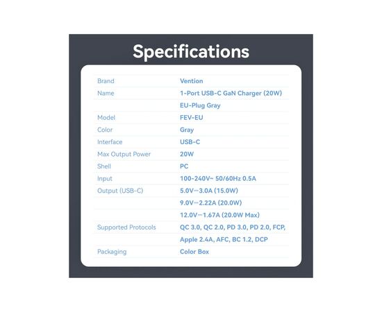 Зарядное устройство Vention USB-C PD20W GaN gray (FEVH0-EU), изображение 11