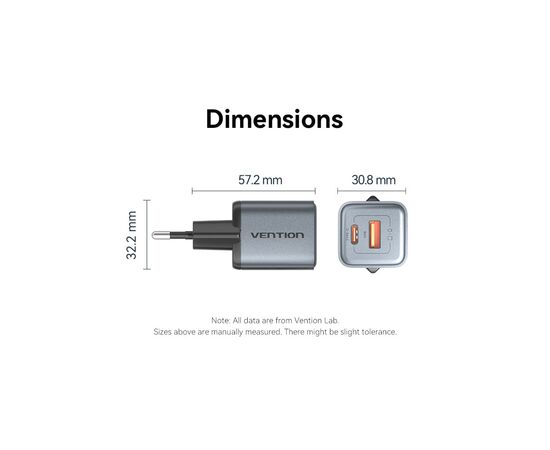 Зарядное устройство Vention 1xUSB-C PD30W + 1xUSB QC3.0 18W GaN gray (FEWH0-EU), изображение 11