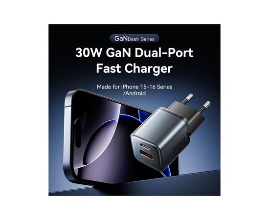 Зарядное устройство Vention 1xUSB-C PD30W + 1xUSB QC3.0 18W GaN gray (FEWH0-EU), изображение 2