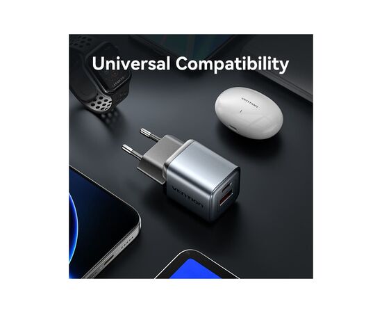 Зарядное устройство Vention 1xUSB-C PD30W + 1xUSB QC3.0 18W GaN gray (FEWH0-EU), изображение 9