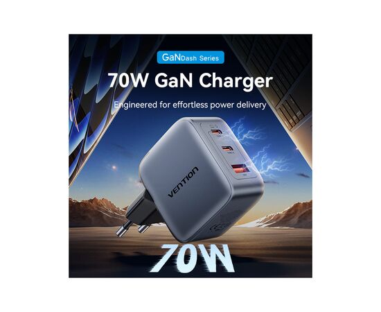Зарядное устройство Vention 2xUSB-C PD70W + 1xUSB QC3.0 22.5W GaN gray (FEXH0-EU), изображение 2