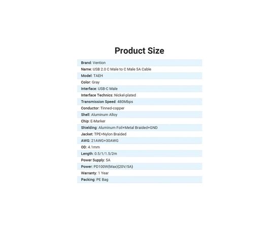 Дата кабель USB-C to USB-C 2.0m 5A aluminum gray Vention (TAEHH), изображение 2