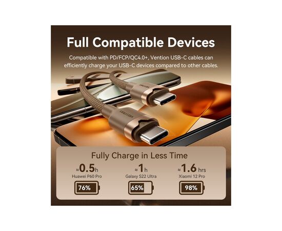 Дата кабель USB-C to USB-C 1.0m 3A aluminum gold Vention (TRDJF), изображение 6