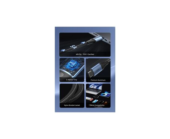 Дата кабель USB-C to USB-C 1.5m 240W aluminum black Vention (TREBG), изображение 3