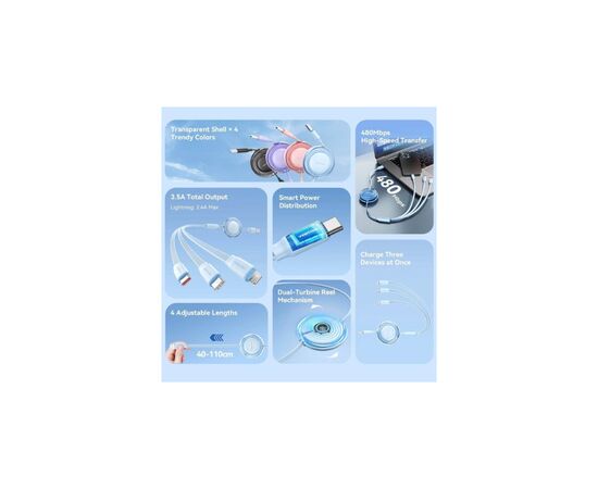 Дата кабель USB 2.0 AM to 2xUSB-C + Lightning 1.0m 3.5A retractable Vention (TRJBBE), изображение 2