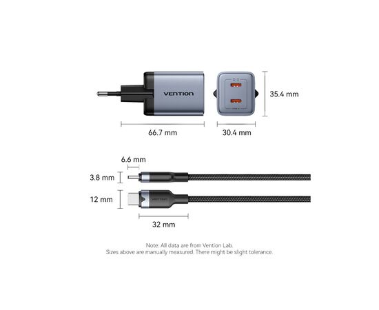Зарядний пристрій Vention 2xUSB-C PD45W GaN + cable USB-C to USB-C 1.0m black gray (TZ-FCDH0-EU), зображення 12