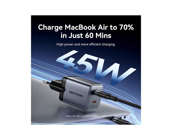 Зарядний пристрій Vention 2xUSB-C PD45W GaN + cable USB-C to USB-C 1.0m black gray (TZ-FCDH0-EU), зображення 5