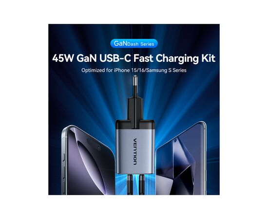 Зарядний пристрій Vention 2xUSB-C PD45W GaN + cable USB-C to USB-C 1.0m black gray (TZ-FCDH0-EU)