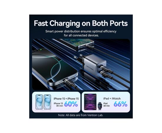 Зарядное устройство Vention 2xUSB-C PD45W GaN + cable USB-C to USB-C 1.0m 5A gray (TZ-FCFH0-EU), изображение 6